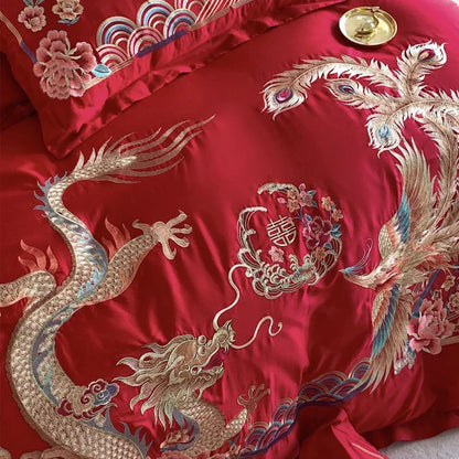 Juego de cama DecorBites™ Gold Loong Phoenix bordado, tamaño Queen, lujoso juego de 4 piezas con acabado cepillado.