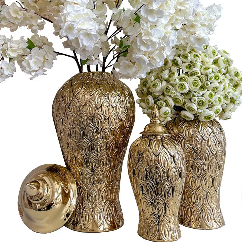 Decorbites™ Goldene Keramik Vintage Flasche Ingwer Topf Blumenvasen Dekoration Ornament