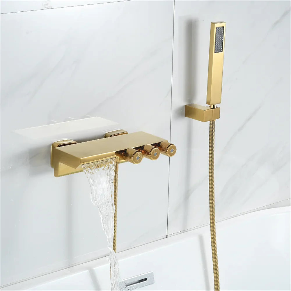 DecorBites™ Gold/Black Tub Shower Set Wall Mount Waterfall Mixer Tap Brass Rotatable