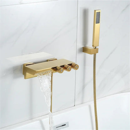 DecorBites™ Gold/Black Tub Shower Set Wall Mount Waterfall Mixer Tap Brass Rotatable