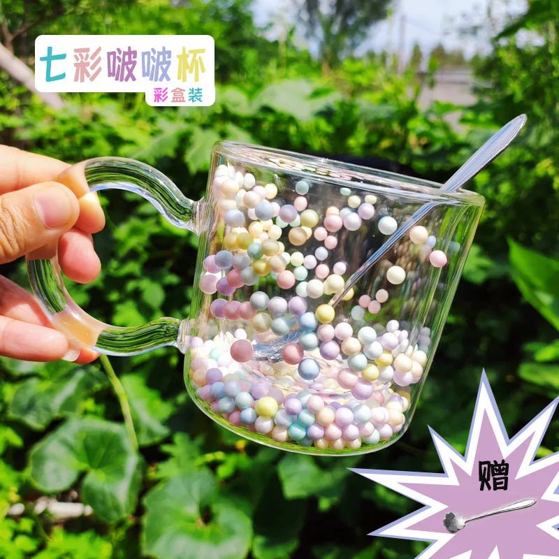 DecorBites™ Double Wall Glass Cup with Heart Bubble Quicksand - 190ml - Creative Multicolor Mug