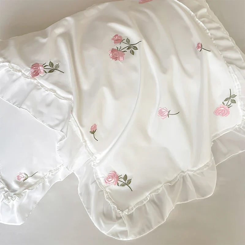 Decobites Rose Flowers Embroidery Lace Ruffles White Bedding Set - 100% Cotton Duvet Cover, Bed Sheet, Pillowcase