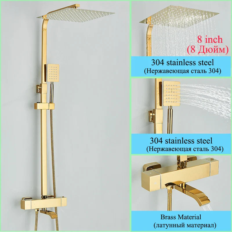 DecorBites™ Golden Thermostatic Shower Faucet Set with Rainfall Shower Column and 3-Way Mixer