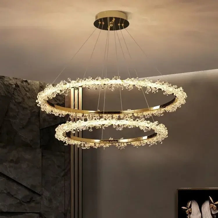 DecorBites™ Golden Round Crystal Chandelier | Nordic Luxury LED Halo Chandelier for Living Room