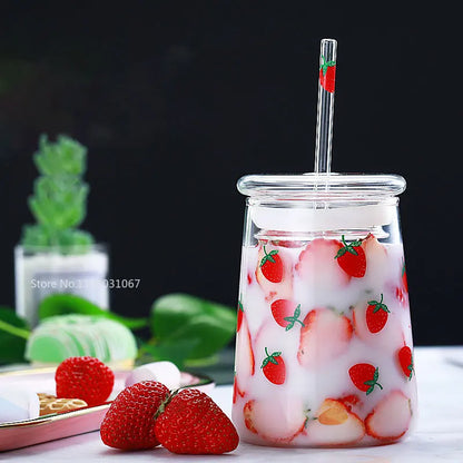 DecorBites™ Glass Cup Set with Lip Straws for Cold Drinks, Handmade, 600ml Strawberry Flavor