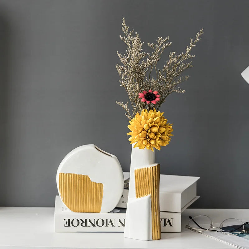 Jarrón de cerámica DecorBites™ con rayas geométricas doradas para flores e hidroponía