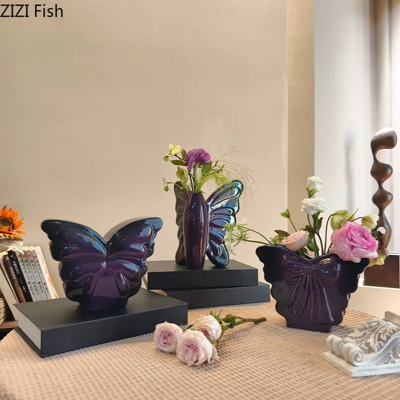 DecorBites™ Dark Butterfly Ceramic Vase for Table Decoration and Floral Arrangement