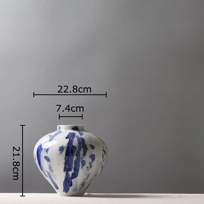 DecorBites™ Blue & White Porcelain Vase: Ink Style Flowers, Aesthetic Room Decor