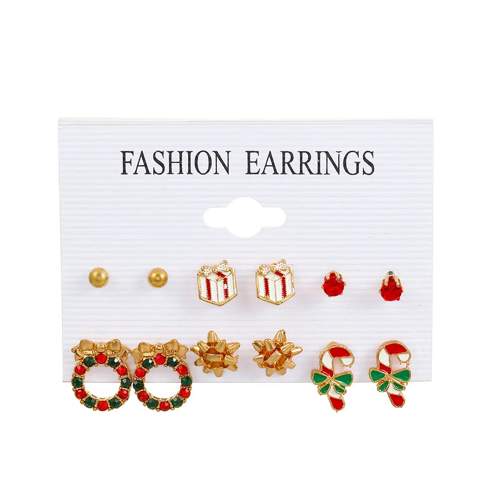 6 pairs/lot Christmas Earrings Xmas Tree Elk Snowman Santa Claus Cute Stud Earrings Set Kit Christmas Gifts For Women Girls Kids