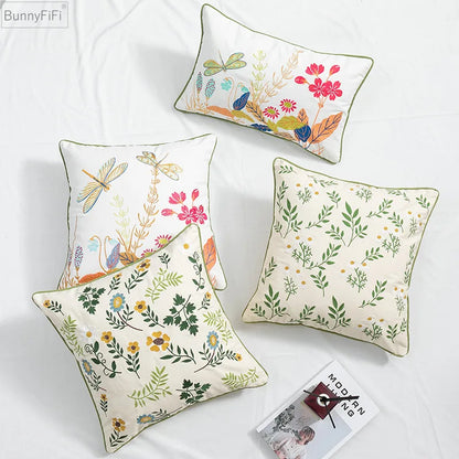 DecorBites™ Daisy Floral Green Leaves Embroidery Cushion Cover for Living Room Bedroom