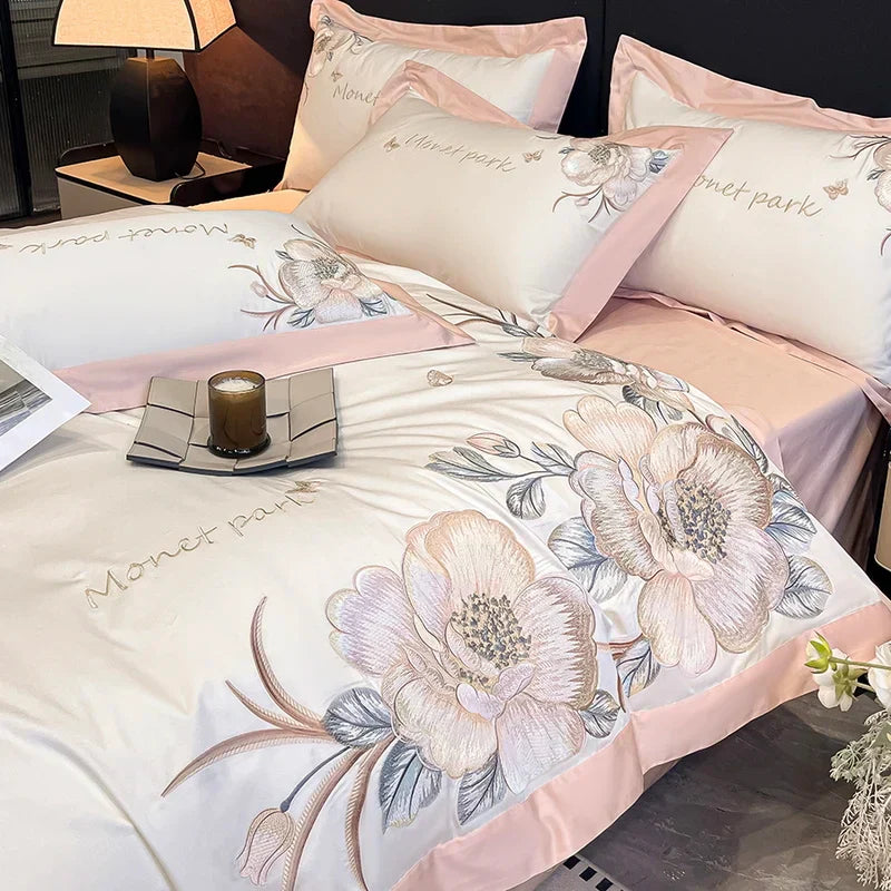 Decobites Pink Flowers Embroidery Cotton Luxury Bedding Set: Duvet, Sheet, Pillowcases - 4Pcs