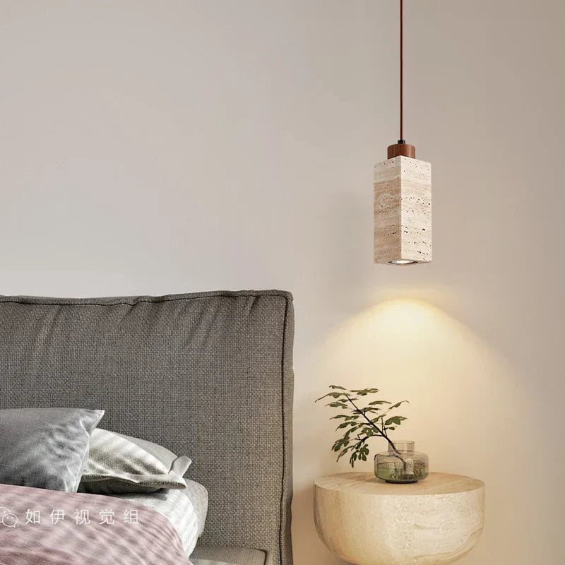 DecorBites™ Japanese Stone LED Pendant Lamps Yellow Travertine Wabi Sabi Hanging Light