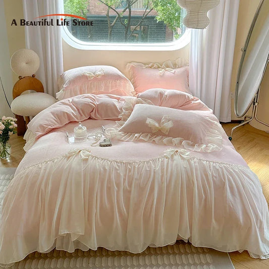 DecorBites™ French Princess Lace Ruffles Bedding Set with Velvet Duvet Cover