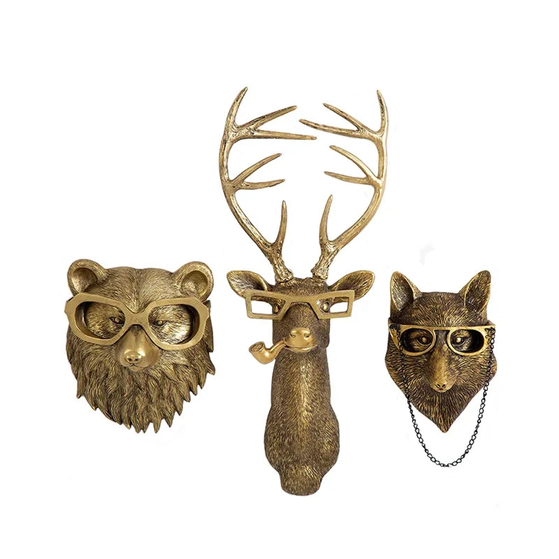 DecorBites™ Golden Deer Head Wall Hook: Antique Bronze Resin Animal Pendant for Stylish Wall Decor