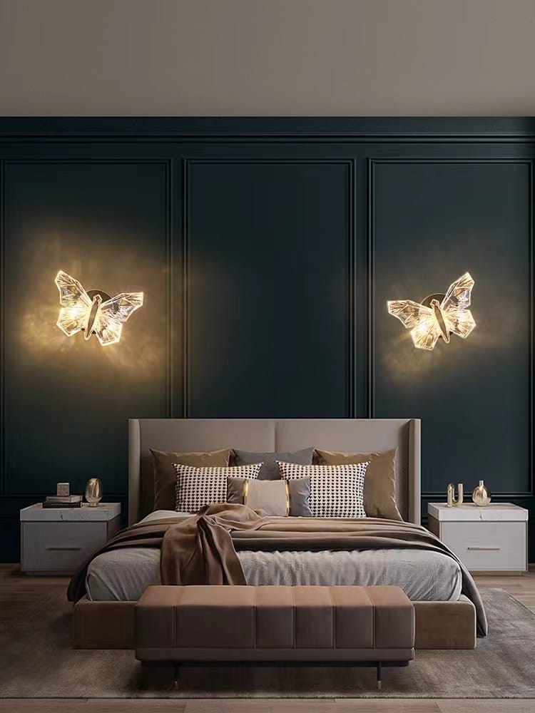 Luxury gold butterfly wall lamp featuring translucent crystalline butterfly wall sconces designed for elegant bedroom lighting.