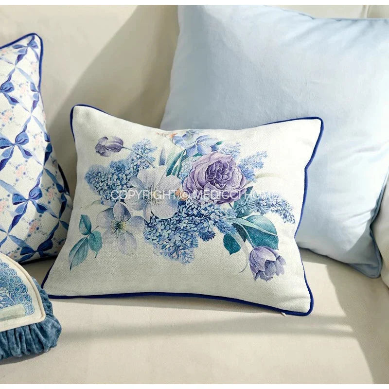DecorBites™ Chinoiserie Blue Wavy Fan Pillowcase Bohemian Print Lumbar Cushion Cover