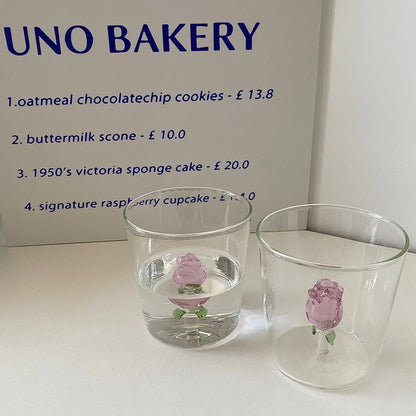 Taza de desayuno DecorBites™ de vidrio rosa 3D con asa para jugo, café, té o leche