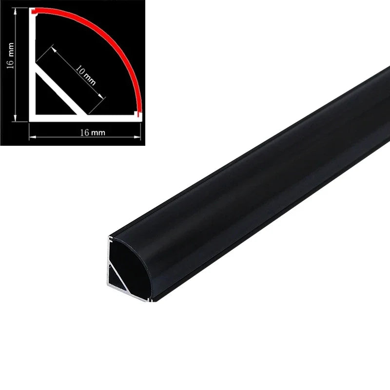 Perfil de aluminio DecorBites™ Black V LED con cubierta lechosa para tira de luz en gabinetes de esquina