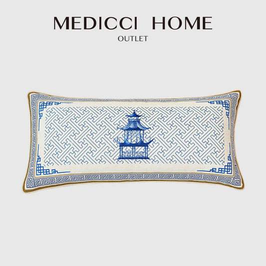 DecorBites™ Blue Chinoiserie Home Pagoda Bolster Pillowcase 30x65 Luxury Cushion Cover