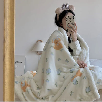 DecorBites™ Cartoon Lamb Wool Blanket - Thick, Printed Coral Fleece Sofa Cover