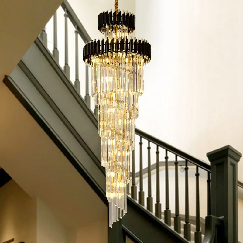 Decorbites™ Lámpara de Araña de Cristal Negro Dorado Luces de Escalera de 3 m de Largo Iluminación de Villa de Lujo