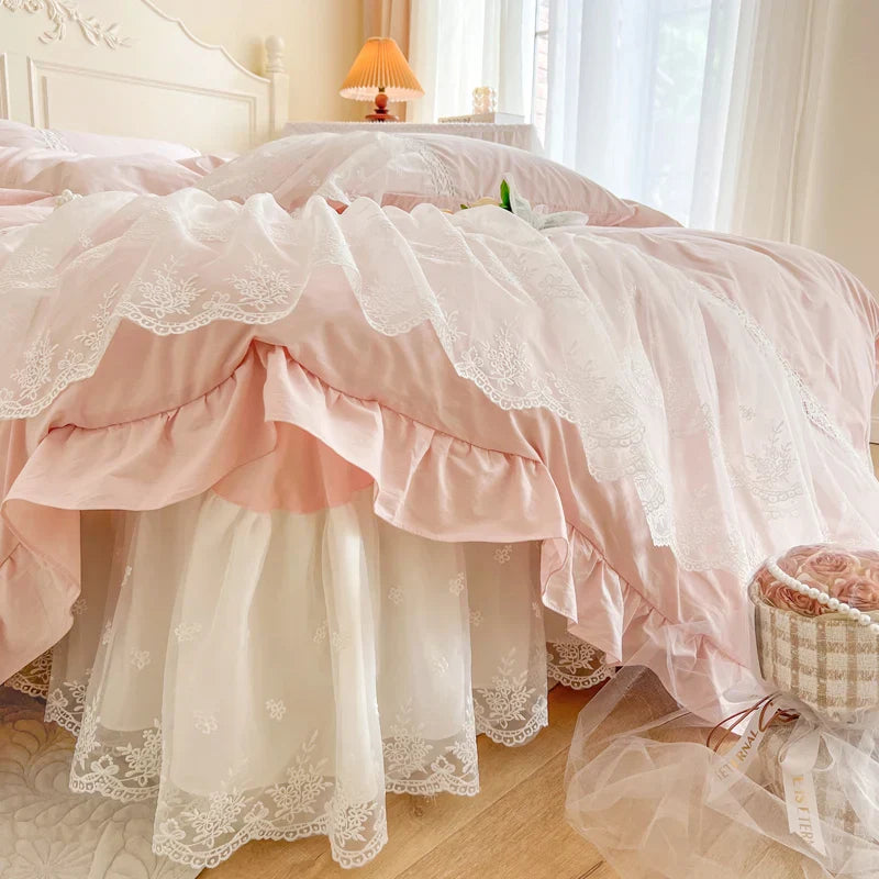 Decobites French Princess Lace Ruffles Bedding Set, 100% Cotton, Pink Romantic Theme