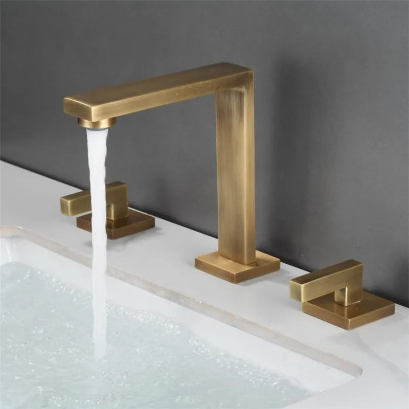 DecorBites™ Brushed Gold Basin Faucet: Antique 3-Hole Waterfall Bathroom Faucet, Hot and Cold Water