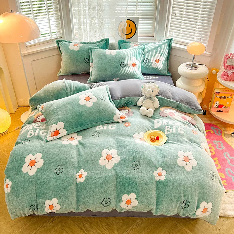 Decobites Flower Print Thicken Winter Warm Bedding Set with Sheet Pillowcases