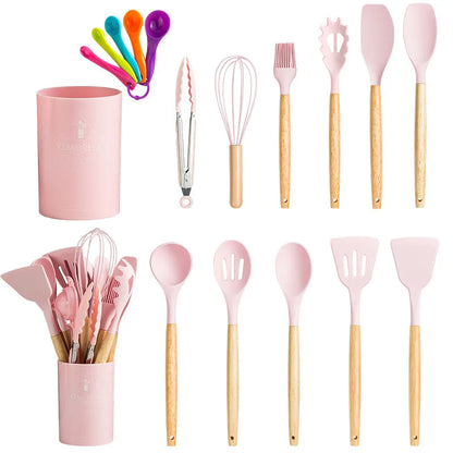 DecorBites™ 13-Piece Silicone Kitchen Utensil Set with Storage Box - Non-Stick Cooking Tools and Measuring Spoons