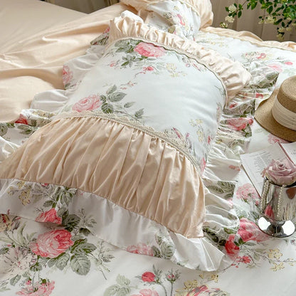 Decobites Korean Princess Style Floral Cotton Bedding Set with Ruffles