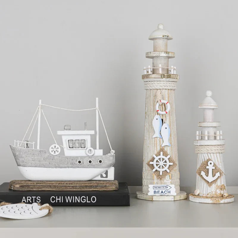 DecorBites™ Coastal Wooden Lighthouse & Ship Model for Mediterranean Home Decor