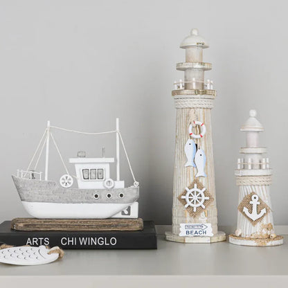 DecorBites™ Coastal Wooden Lighthouse & Ship Model for Mediterranean Home Decor