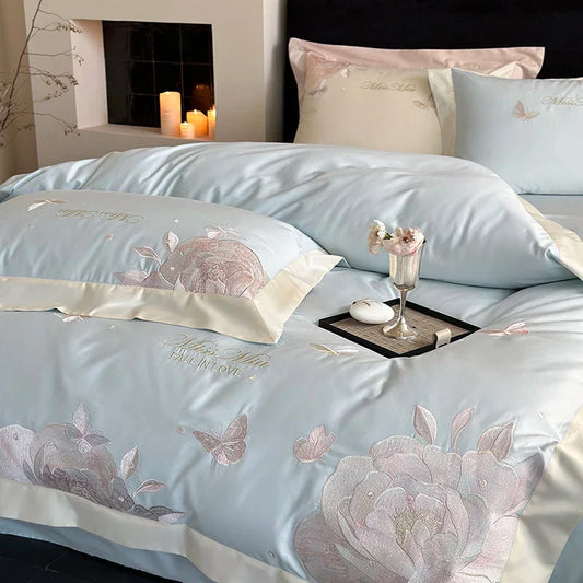 Decobites 1000TC Egyptian Cotton Butterfly Flowers Embroidery Bedding Set