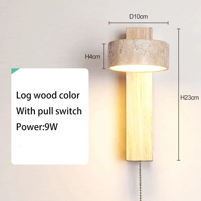 Lámpara de pared de noche DecorBites™ estilo crema con luz LED giratoria, acabado en madera de tronco, piedra y nogal.