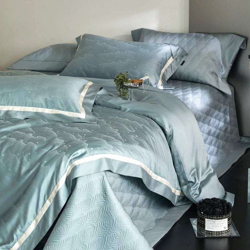 Conjunto de Ropa de Cama Jacquard de Algodón Egipcio Luxe™ Decorbites: Edredón, Cubrecama, Sábana, Fundas de Almohada