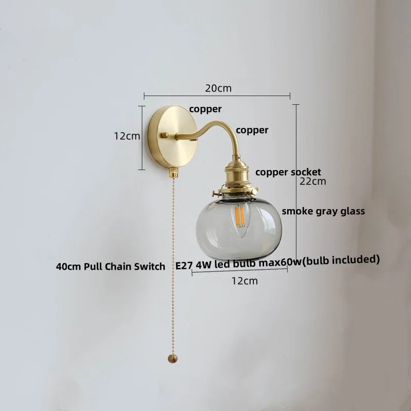 DecorBites™ Green Class Ball LED Wall Light Fixture, Copper Socket, Pull Chain Switch