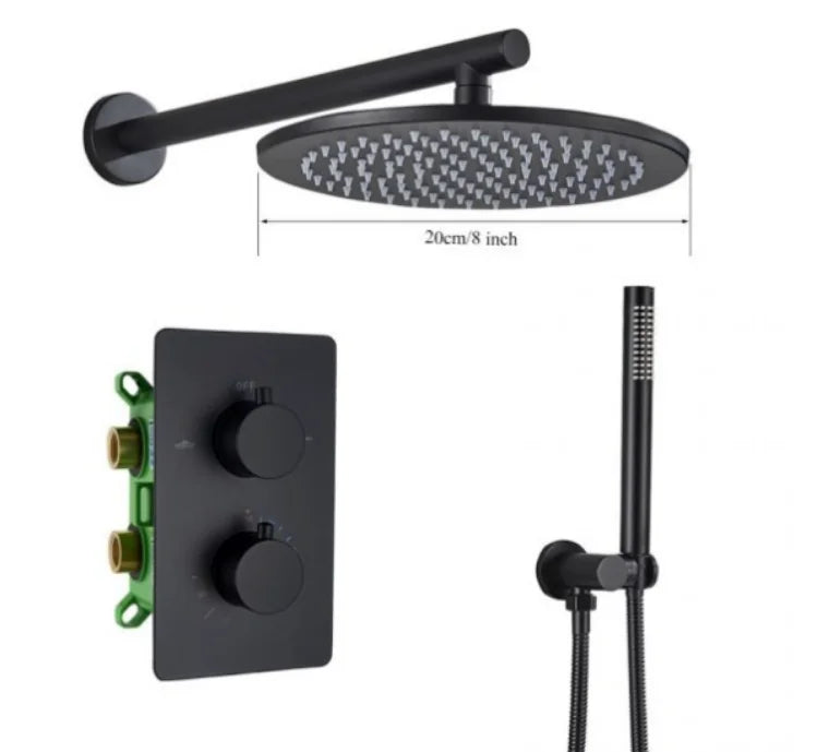 DecorBites™ Brass Black Shower Set with Ceiling/Wall Arm, Diverter Mixer, Handheld Spray, 8-16" Rain Head