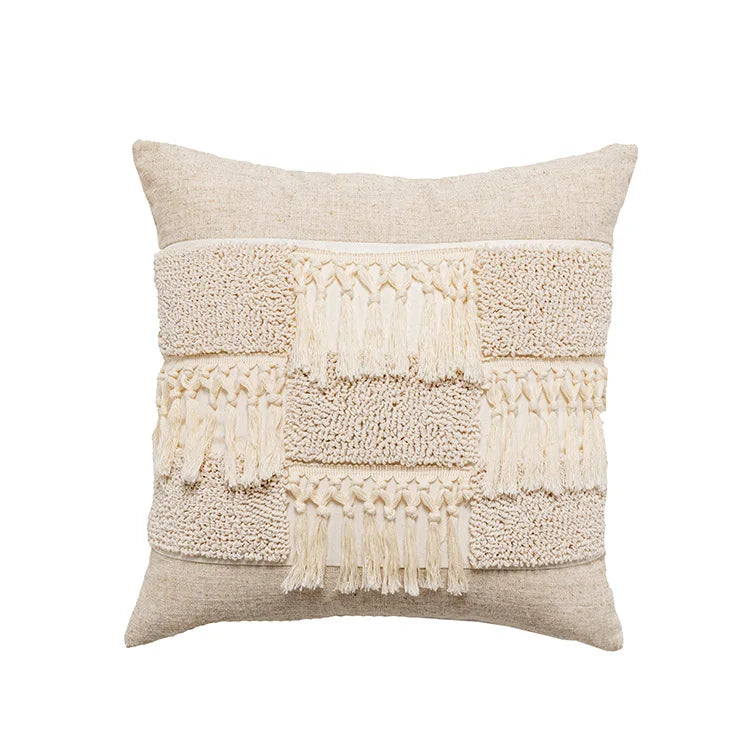 DecorBites™ Boho Beige White Tufted Tassel Pillow Cover Set