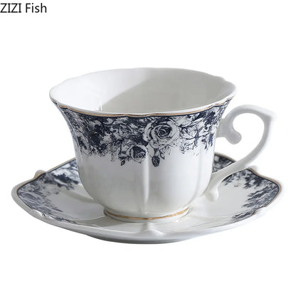 DecorBites™ Grey Blue Rose Ceramic Cup & Saucer Set, Classical Mugs for Dining Table and Coffee Mug