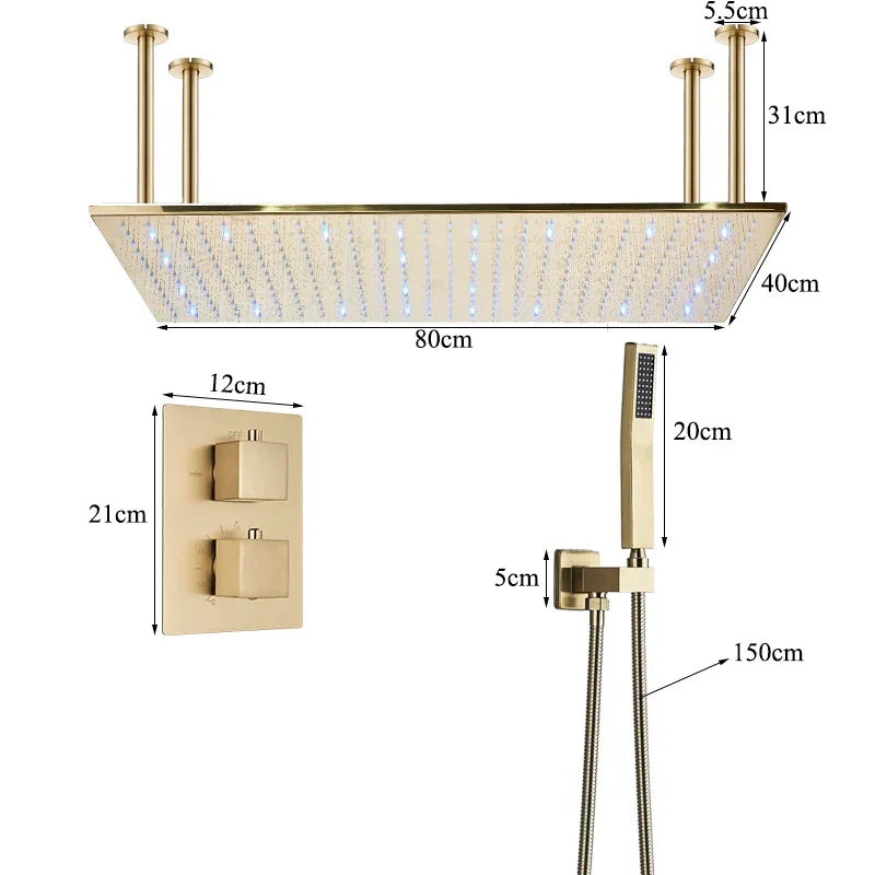 Juego de grifería termostática para ducha DecorBites™ con luz LED en oro cepillado y cabezal de ducha tipo lluvia para techo