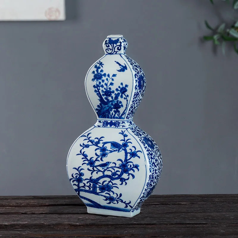 DecorBites™ Blue White Porcelain Flower Bird Two Ear Vase Antique Ornaments Jingdezhen
