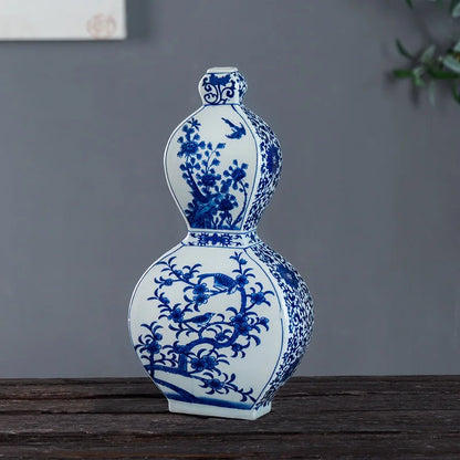 DecorBites™ Blue White Porcelain Flower Bird Two Ear Vase Antique Ornaments Jingdezhen