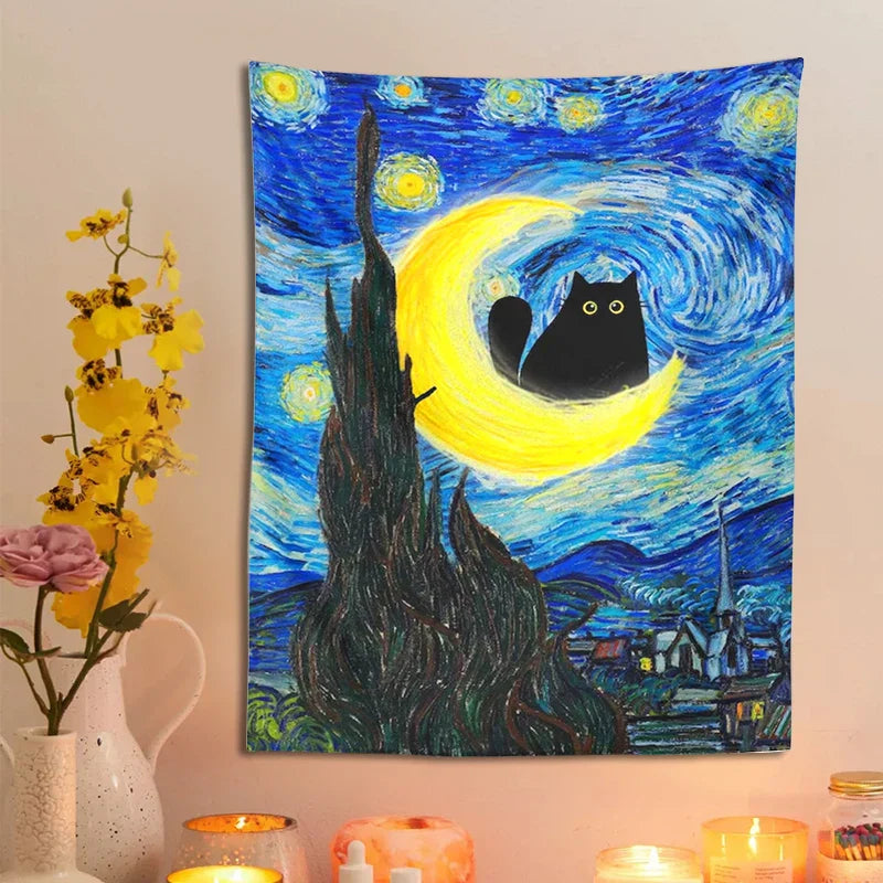 Decobites Starry Night Cat Tapestry Moon Cat Art Blanket Wall Hanging