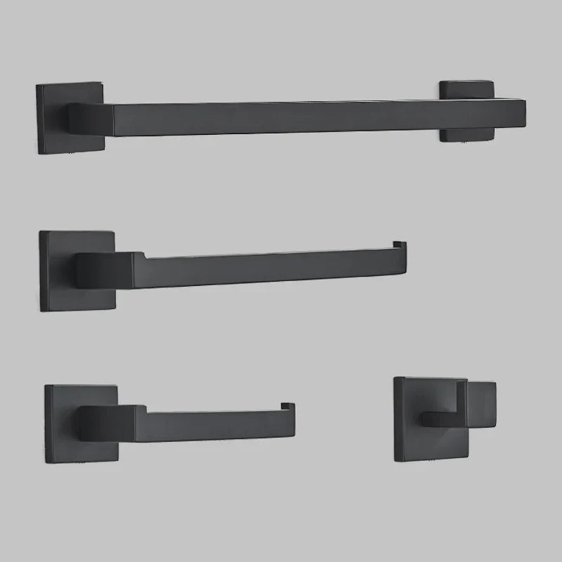 مجموعة أدوات الحمام السوداء من DecorBites™: خطاف رداء، سكة مناشف، رف، حامل مناديل