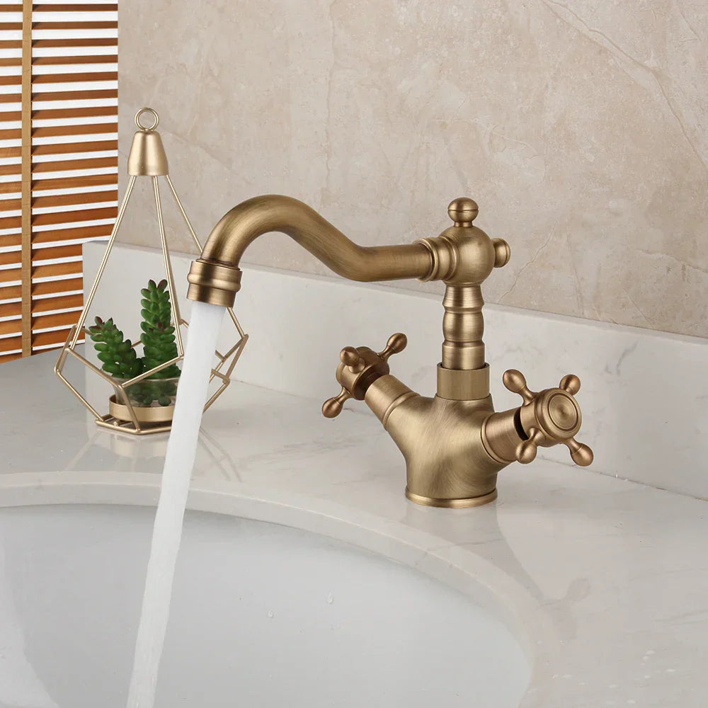 DecorBites™ Antique Brass Kitchen Bathroom Faucet Swivel Mixer Tap Dual Handles Deck Mount