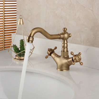 DecorBites™ Antique Brass Kitchen Bathroom Faucet Swivel Mixer Tap Dual Handles Deck Mount