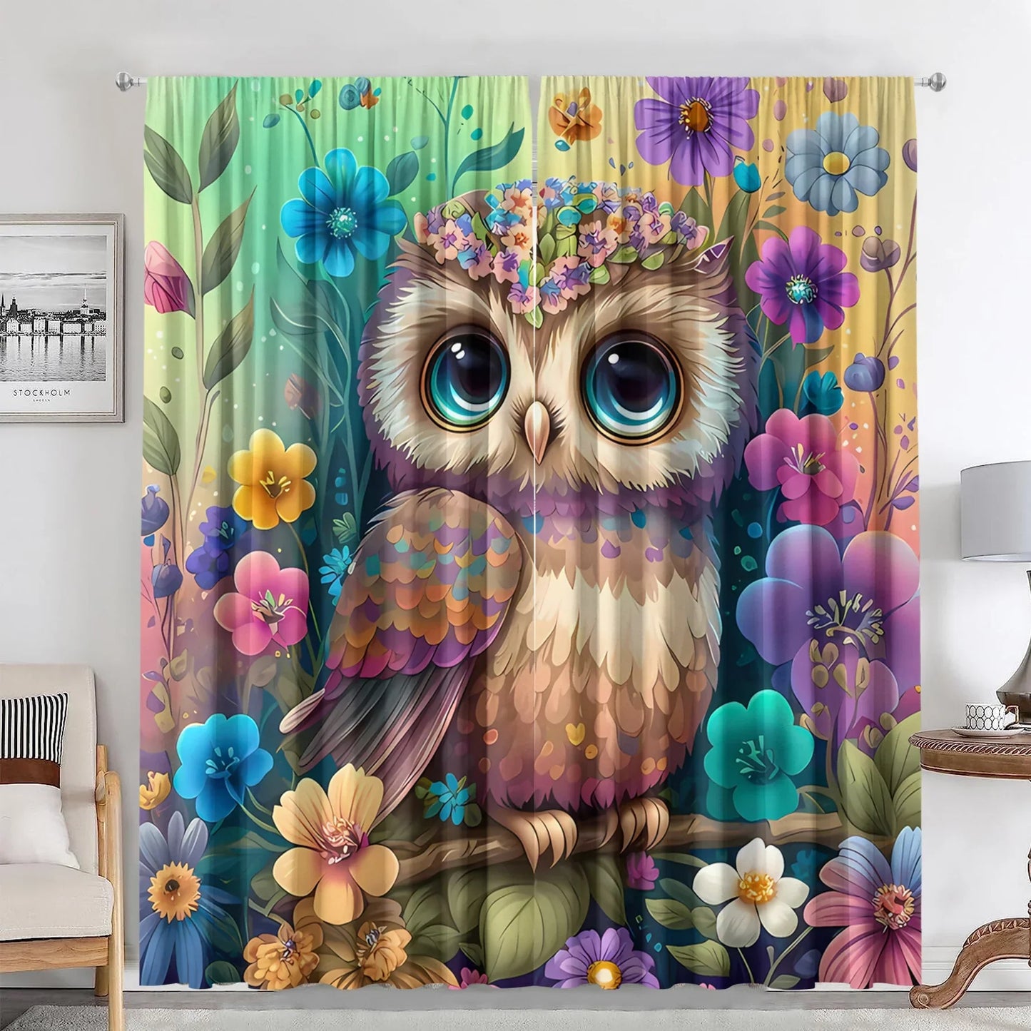 Decobites Black Cat Color Owl Modern Printed Curtain Set