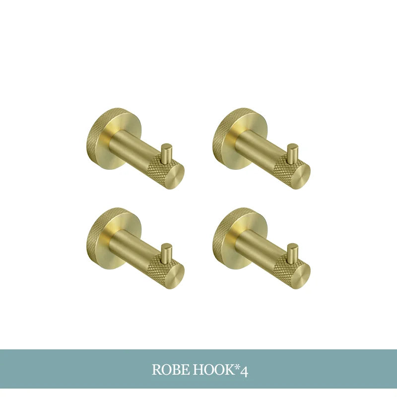 Conjunto de Hardware Decorbites™ Gold: Barra de Toallas, Soporte para Papel Higiénico, Gancho para Batas, Colgador de Tazas