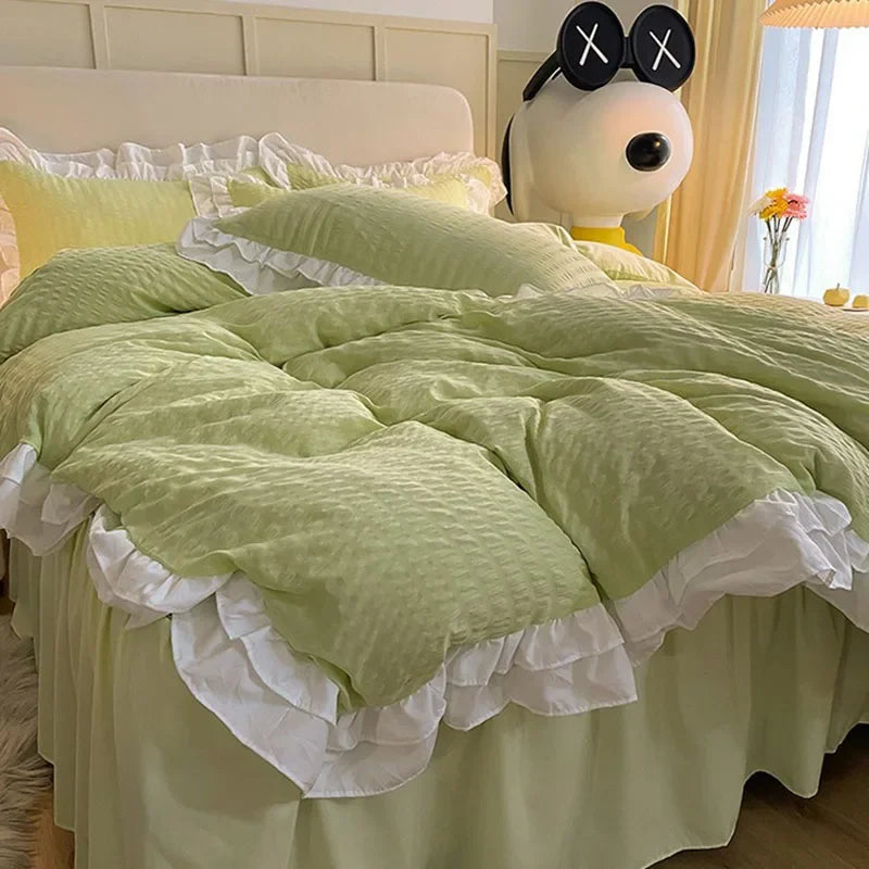 DecorBites™ Lace Trim Washed Cotton Bedding Set - 4Pcs Solid Color Duvet Cover & Bed Skirt