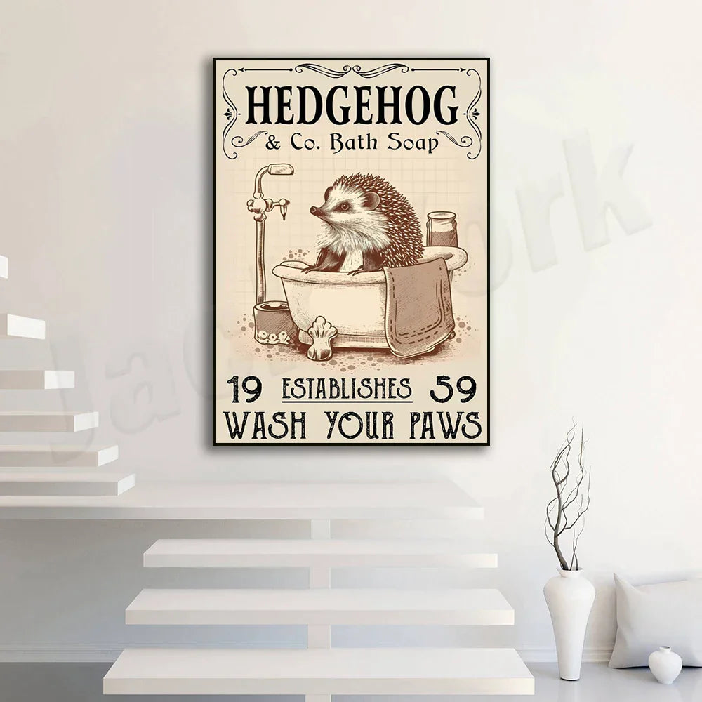 DecorBites™ Hedgehog Bath Soap Paws Poster - Funny Bathroom Decor
